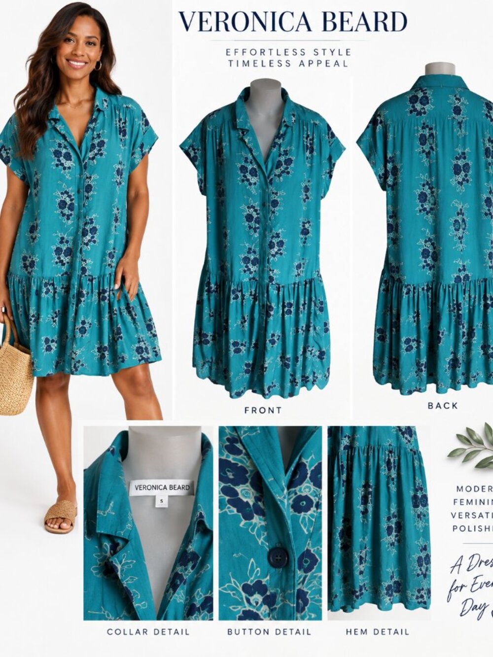 Veronica Beard Teal Floral Tiered Shirt Dress Coastal Boho Button Front Mini 16